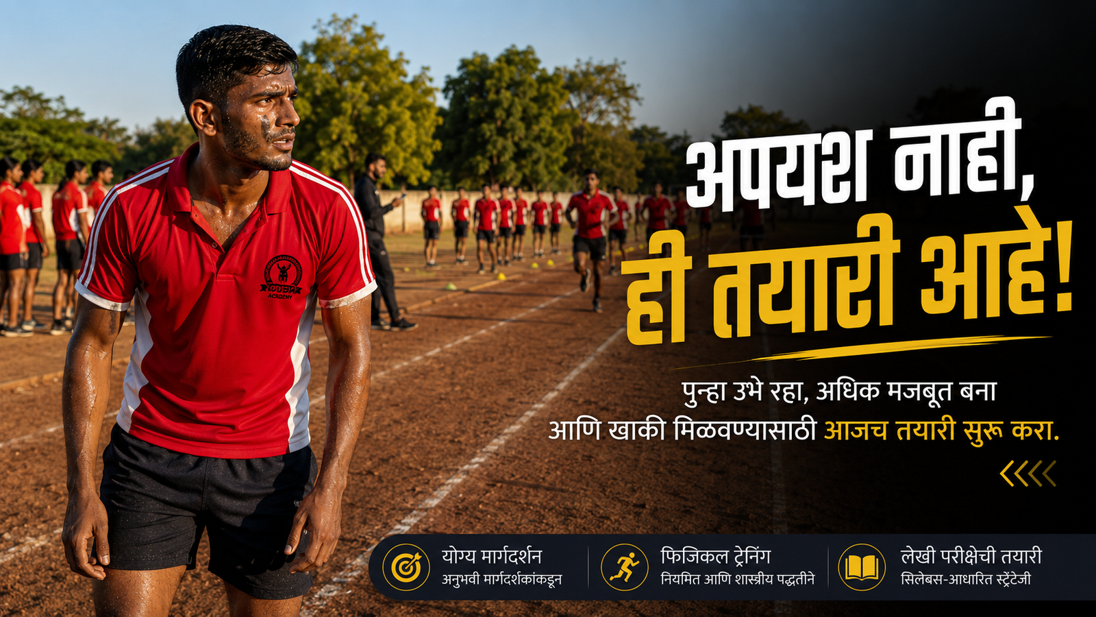 Students training on the track at a police bharti academy for Police Bharti Motivation after Failure.